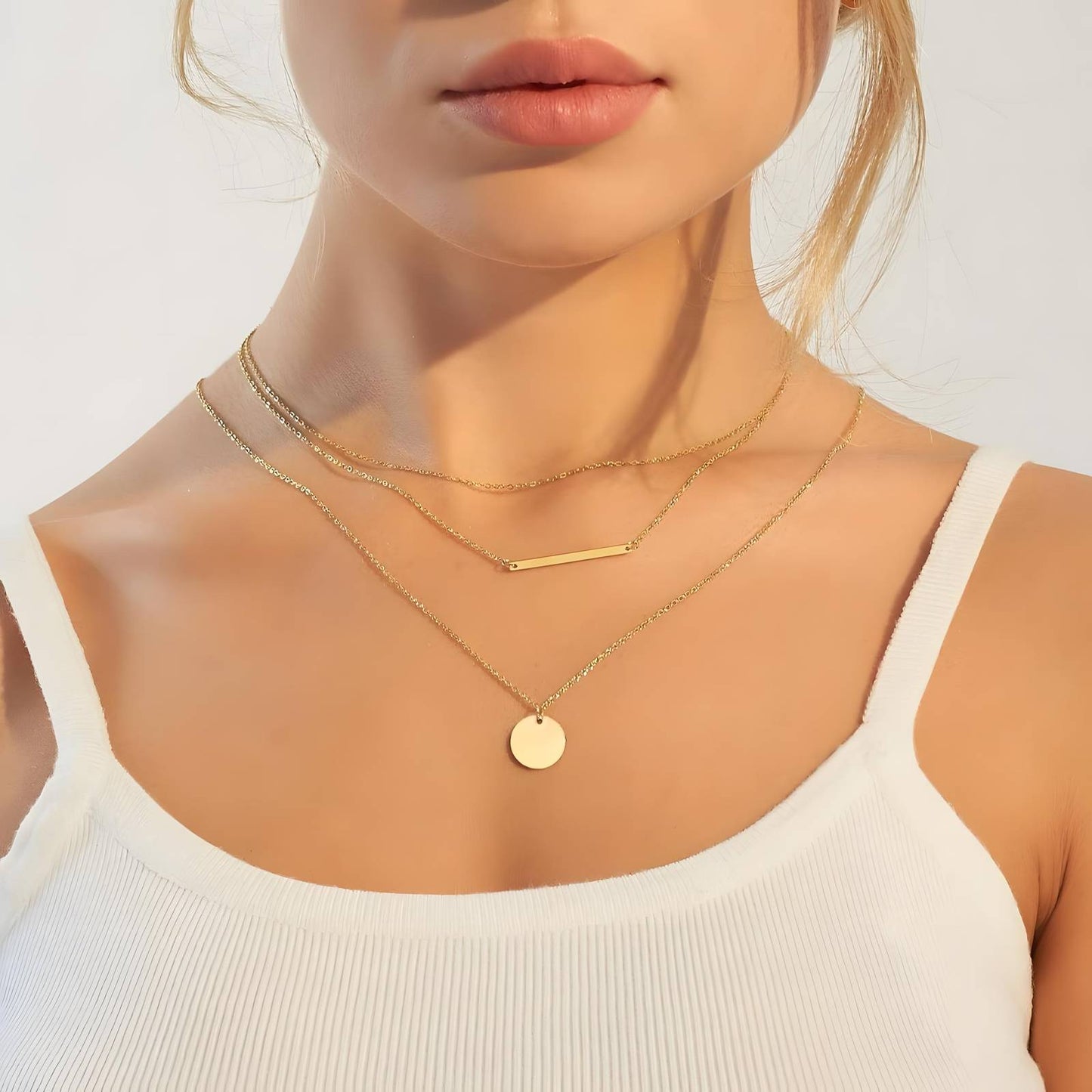 Ember three tiered 18K AAA gold necklace with bar and disc charms