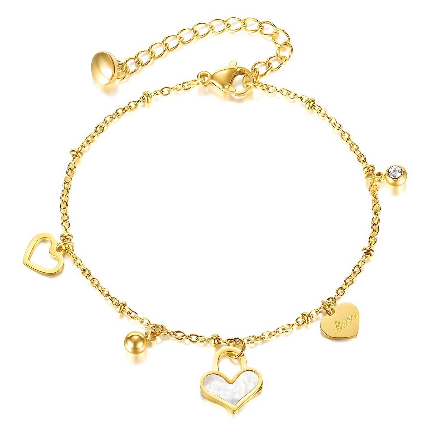 Molly 18K AAA gold plated two heart and one zircon gem charm bracelet