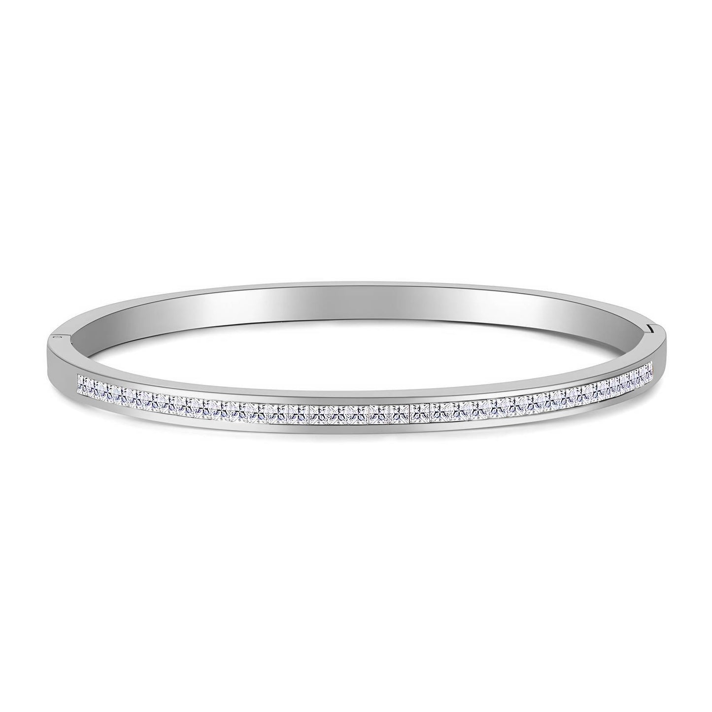 Constance is a stainless steel bangle with a single row of zirconia diamonds