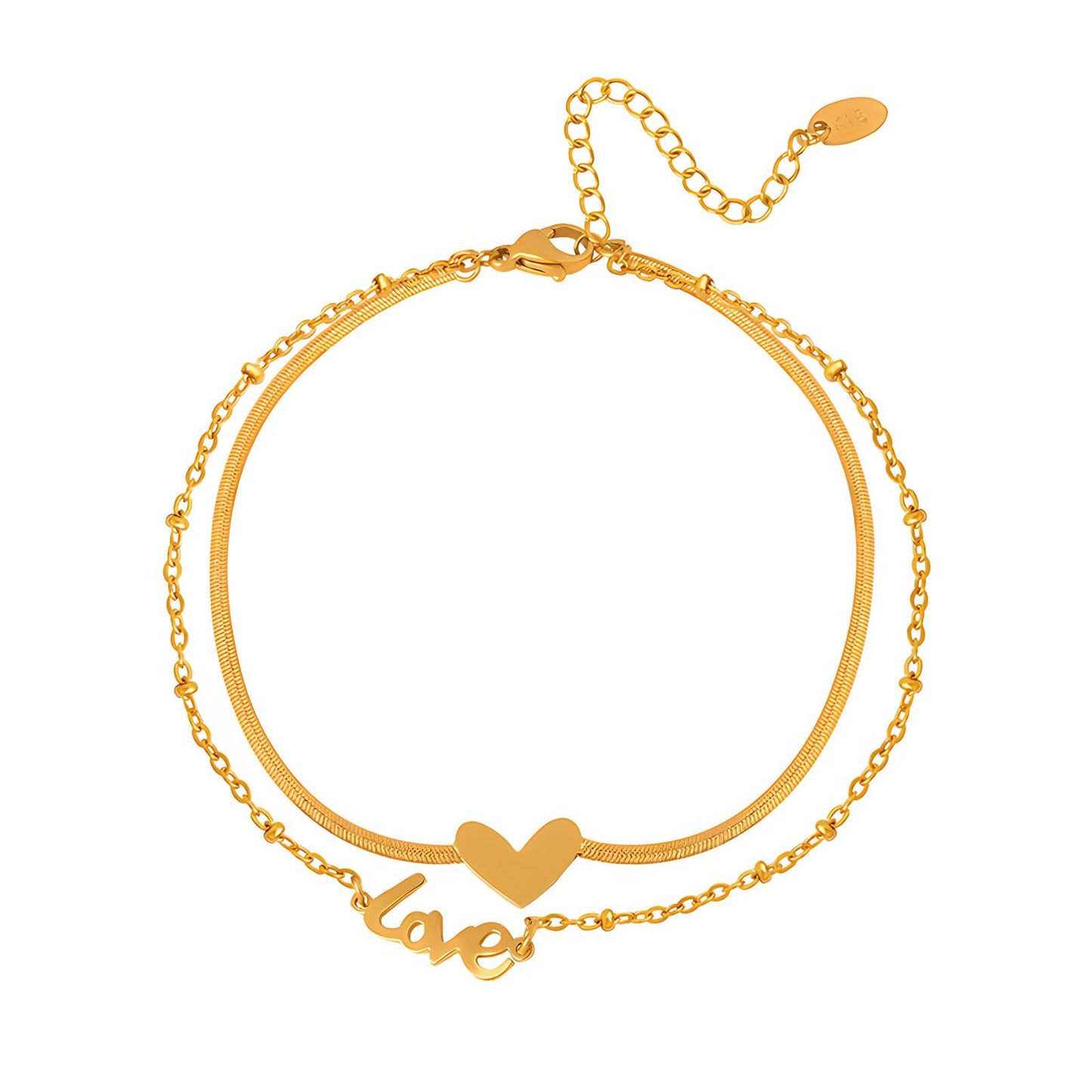 Goldie is a 18k AAA gold plated two chain anklet with a heart and love charm