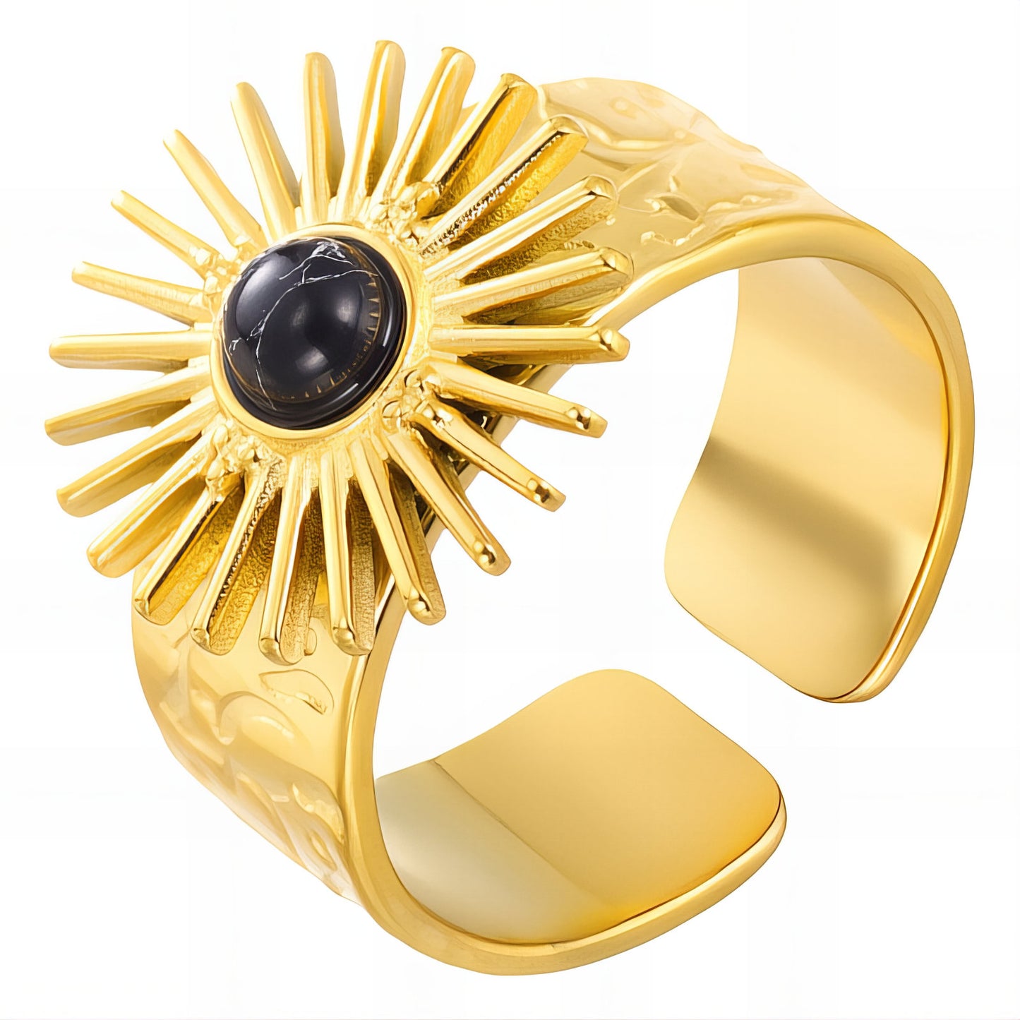 Greer is a 18k AAA gold plated adjustable ring with a sun dial with black stone