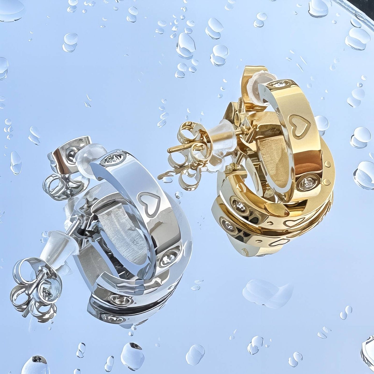 Harper 18k gold plated half hoop stud design with hearts and zirconia diamonds