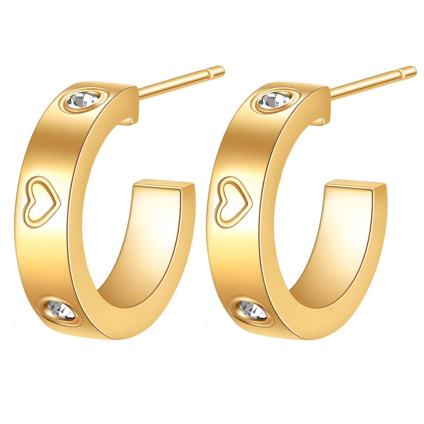 Harper 18k gold plated half hoop stud design with hearts and zirconia diamonds