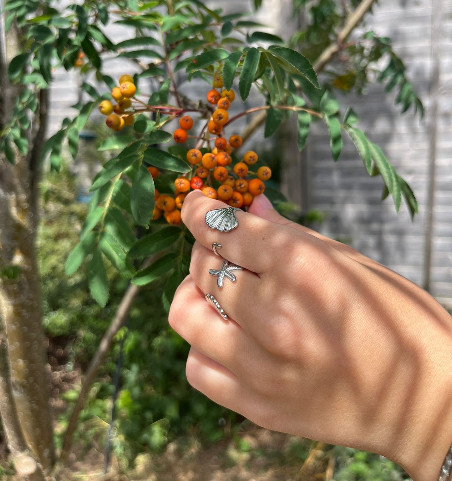 cove is a adjustable silver starfish and shell ring