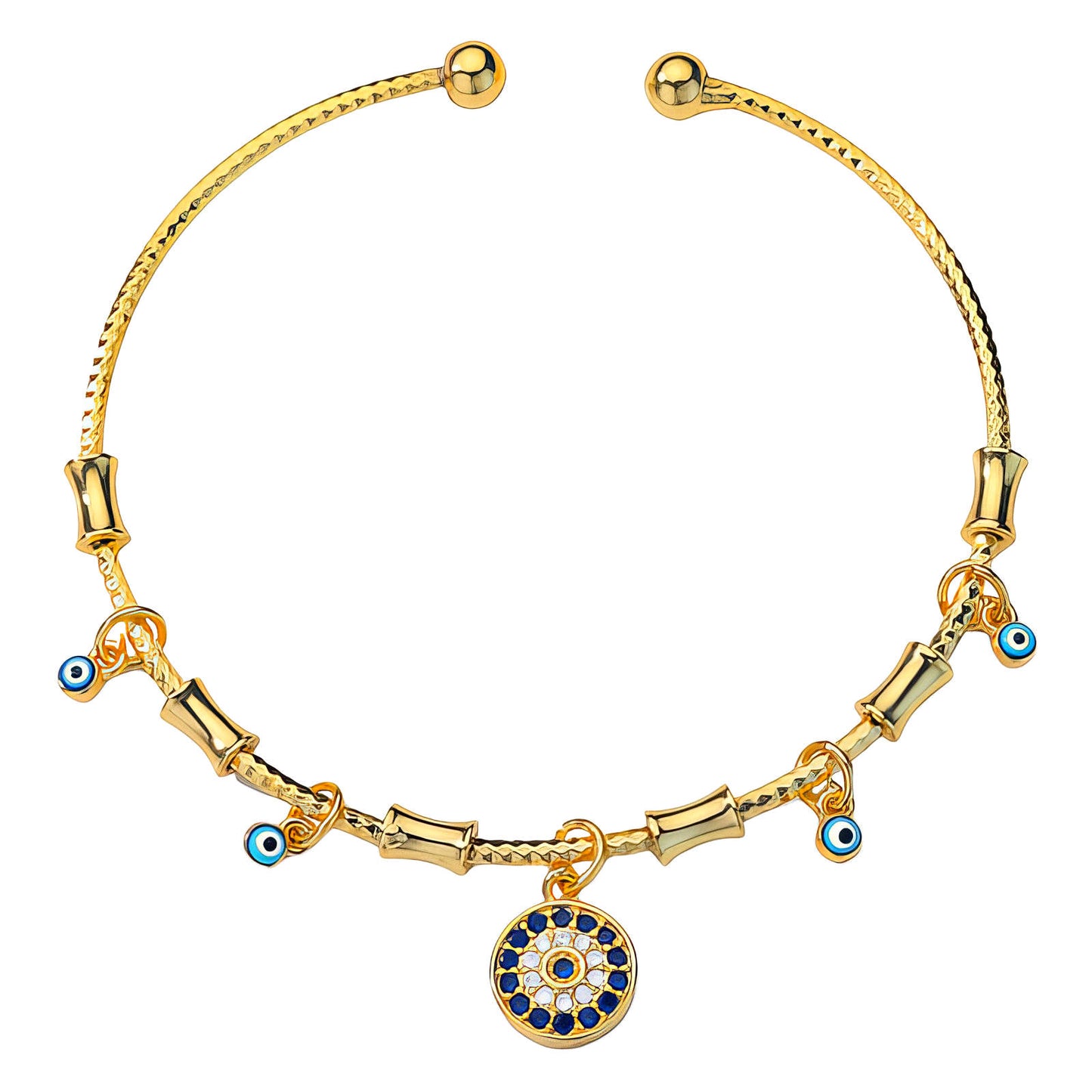 Imogen 18k AAA gold plated Evil eye bangle with lots of small charms