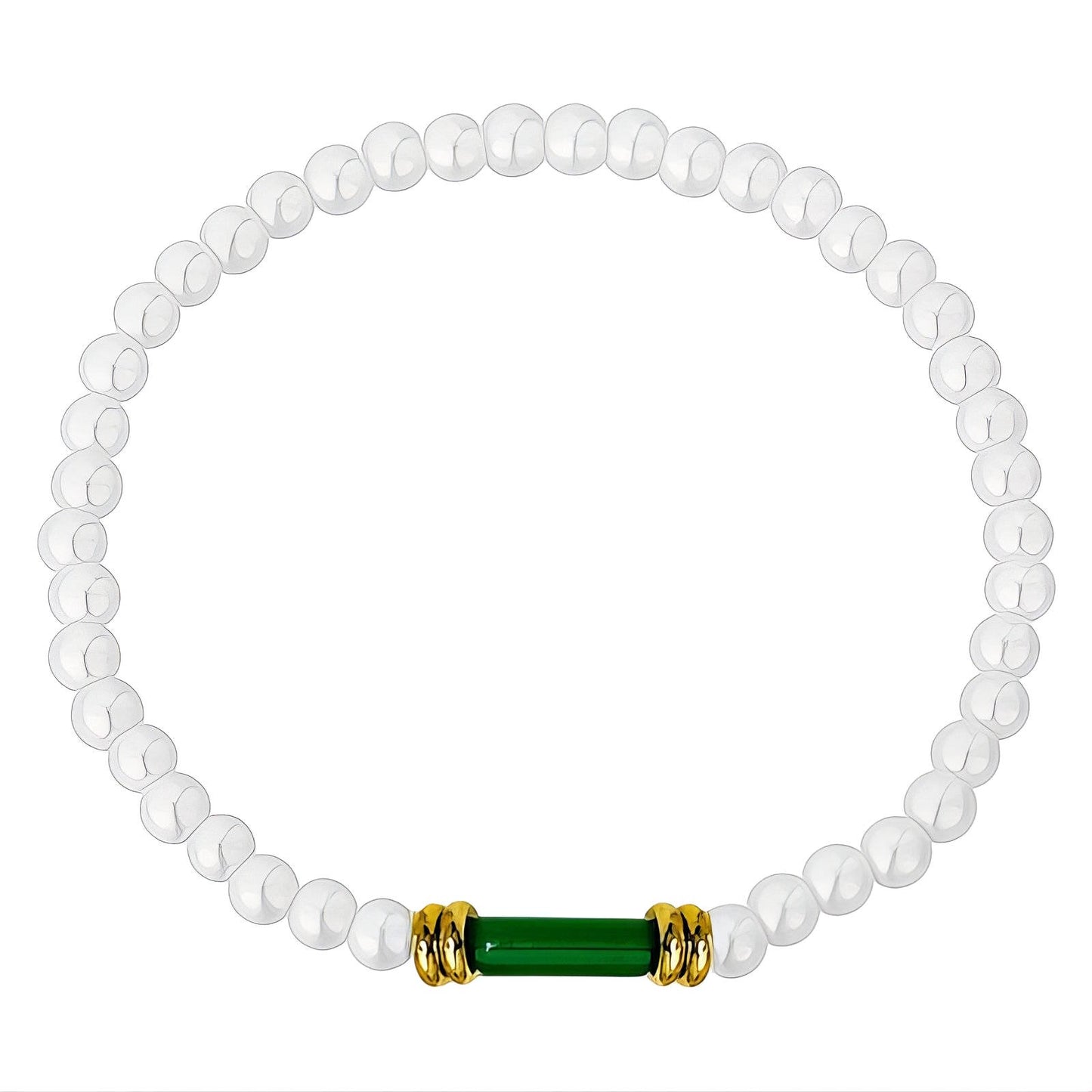 Anastacia is a pearl beaded bracelet with an 18k AAA gold plated beads and a green crystal