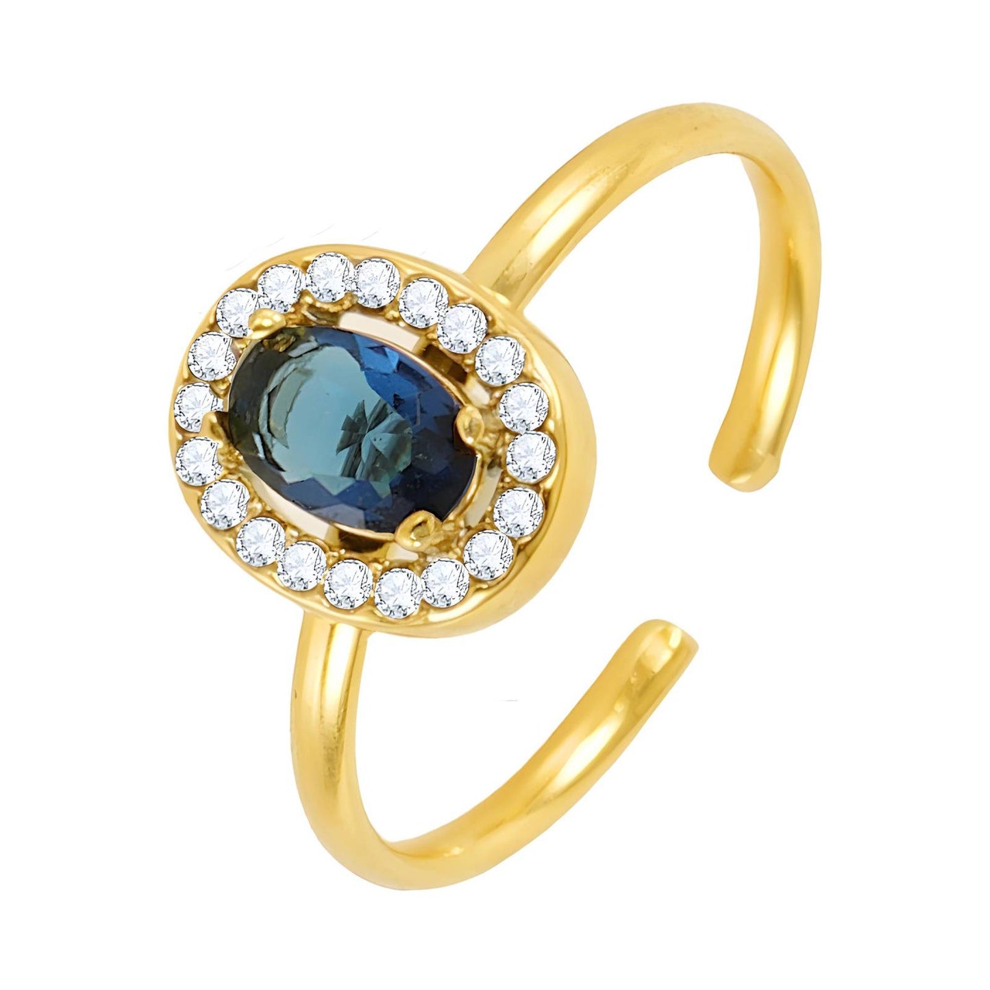 Diana is an adjust 18k AAA gold plated ring with a blue stone surrounded with zircon gems