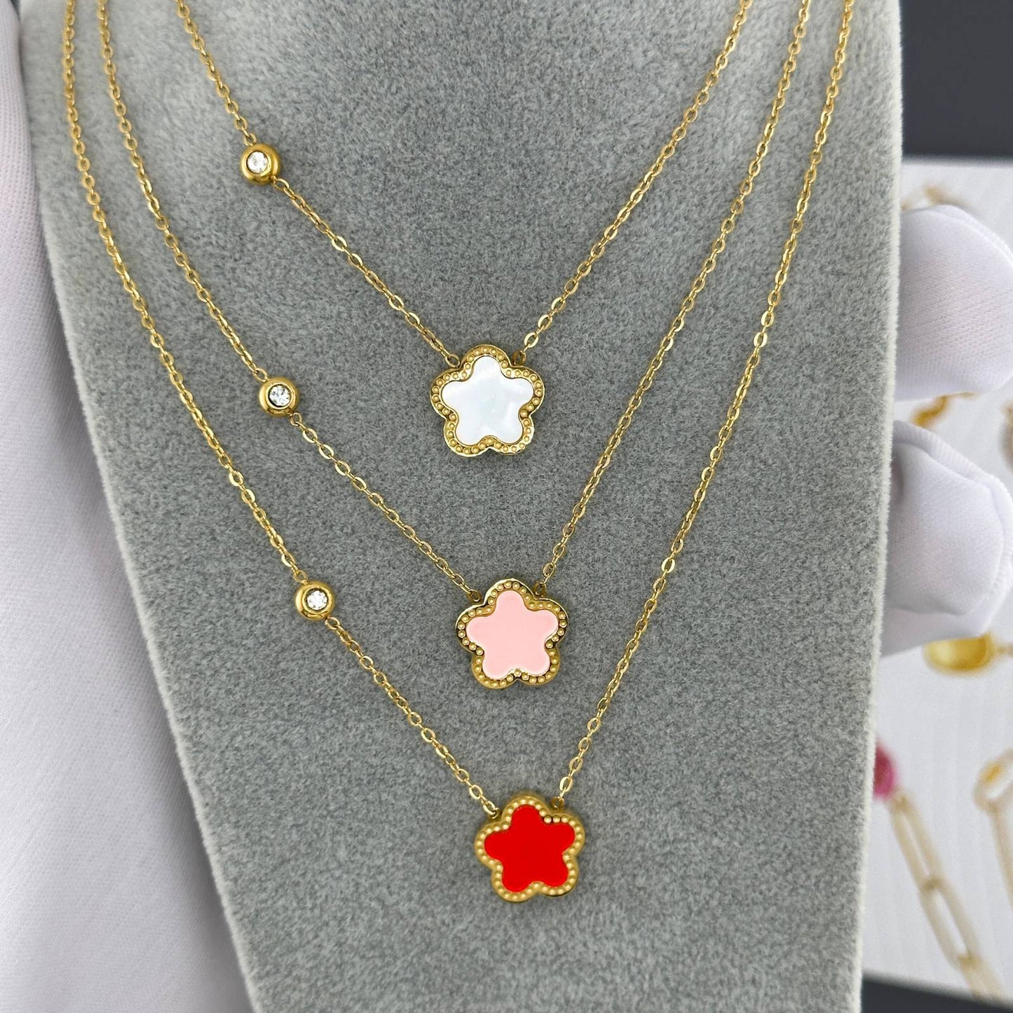 Rose Red  flower necklace with an zircon on 18K gold plated chain