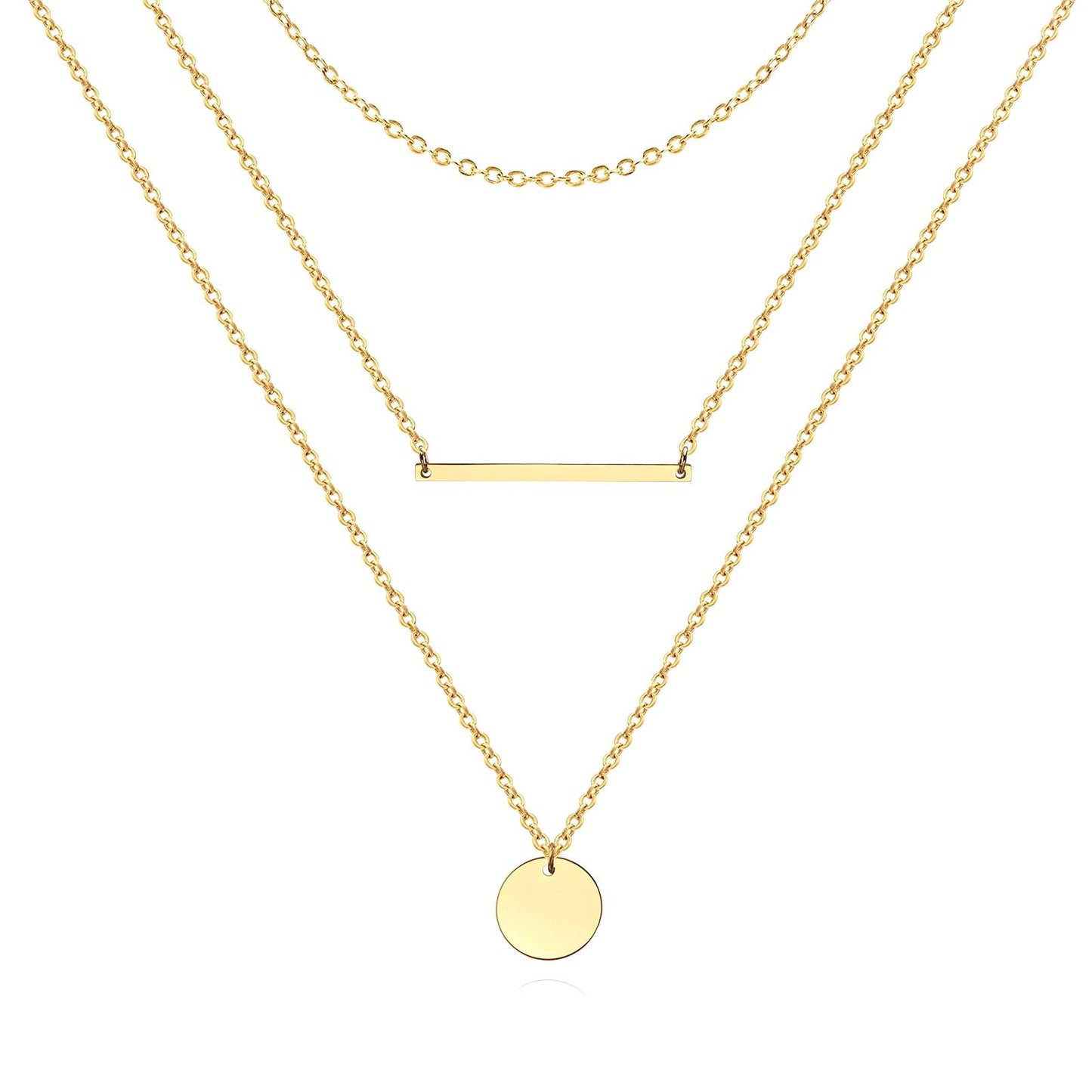 Ember three tiered 18K AAA gold necklace with bar and disc charms