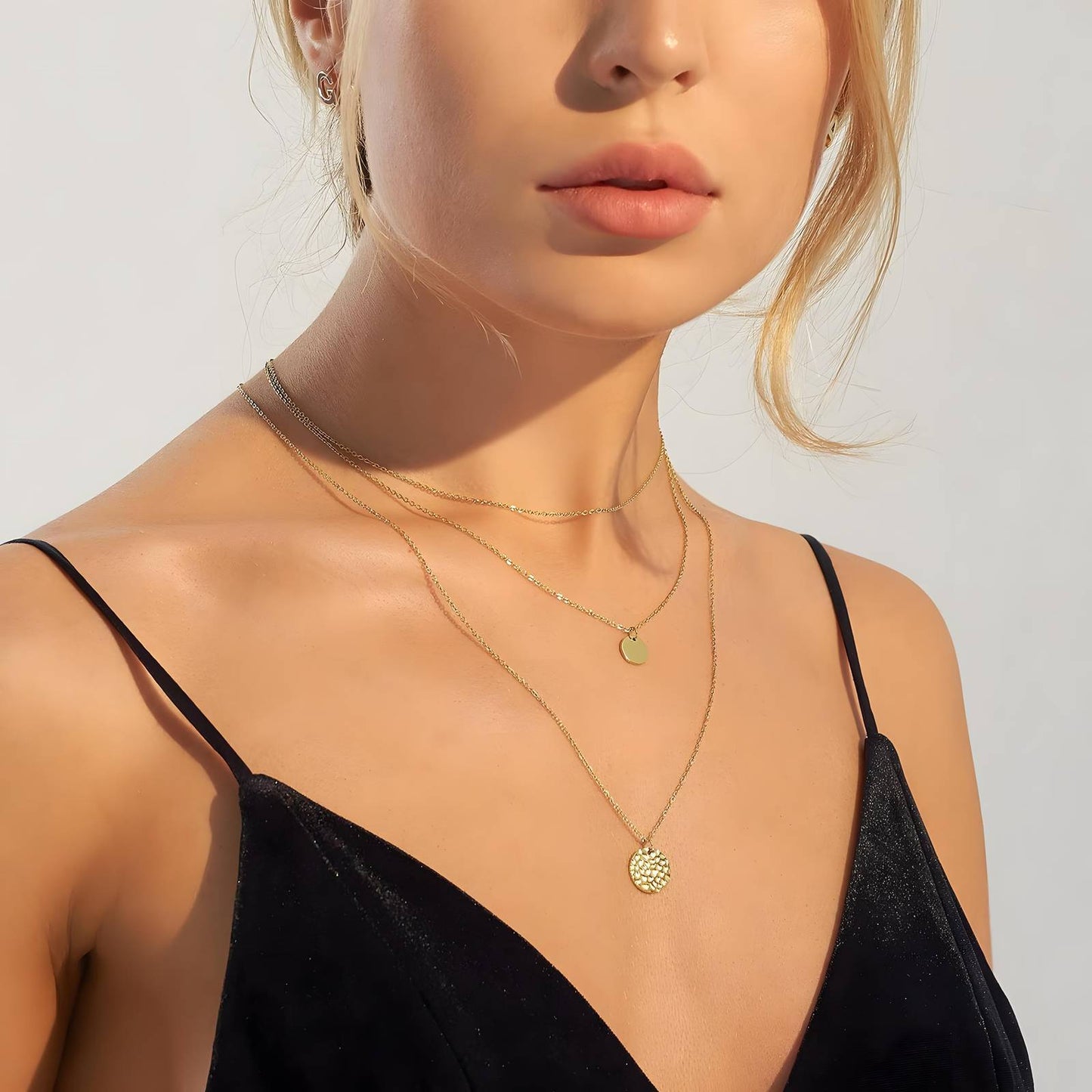 Eden 18K AAA gold three tier necklace with a disc charm