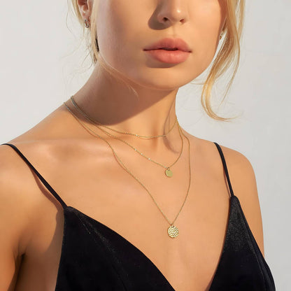 Eden 18K AAA gold three tier necklace with a disc charm
