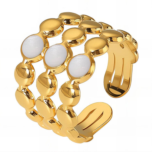 Evelyn is a three tiered 18K AAA gold plated  ring with gold and white bead design