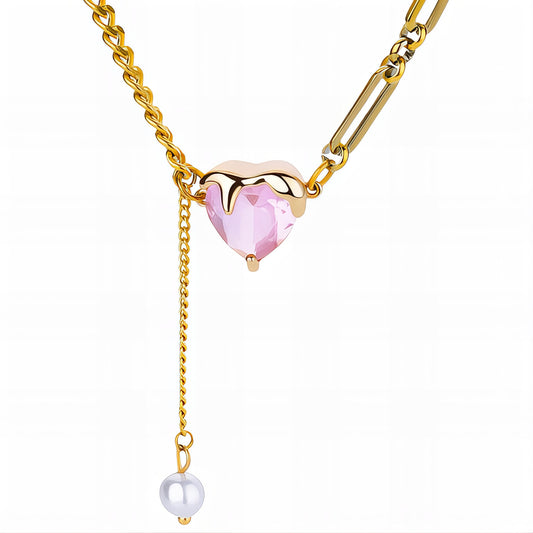 Beverley Pink crystal Heart 18k AAA gold plated necklace with Pearl charm