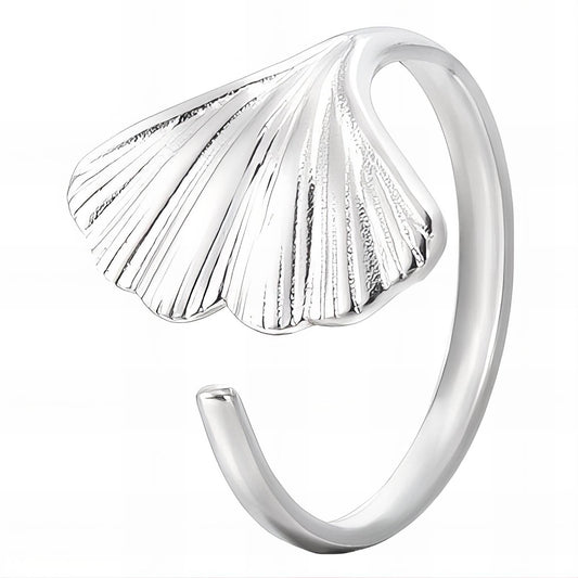 Cora is a stainless steel adjustable ring with a Gingko leaf design