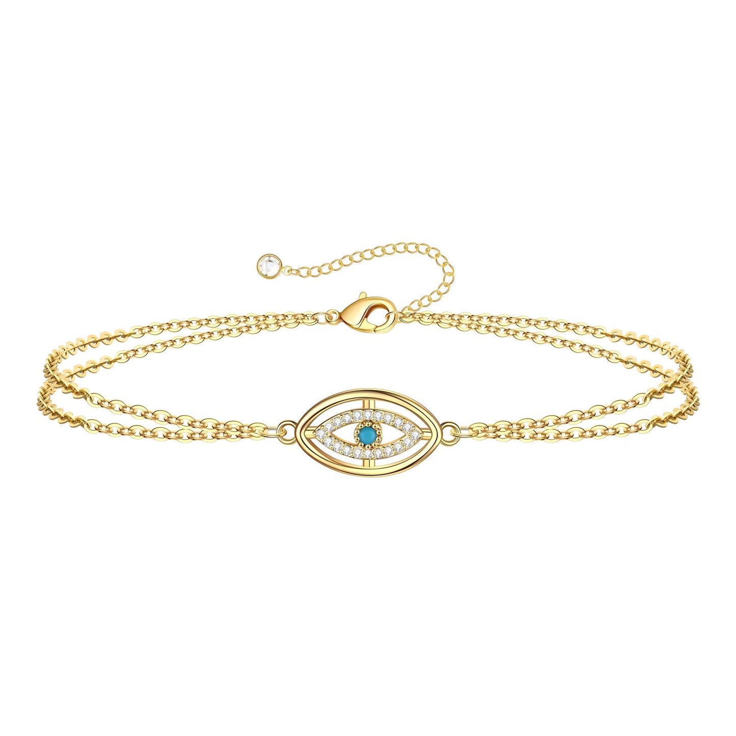 Edie is a 18K AAA gold plated two chain evil eye charm with zirconia diamond bracelet