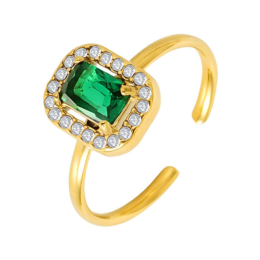 Emerald is a 18k gold plated adjustable ring with a square emerald and zirconia diamonds