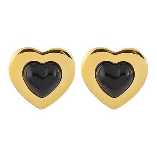 Gigi is a 18k AAA gold plated heart shape earrings with black hearts at the centre
