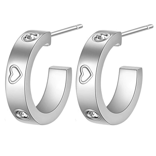 Harper stainless steel half hoop stud design with hearts and zirconia diamonds