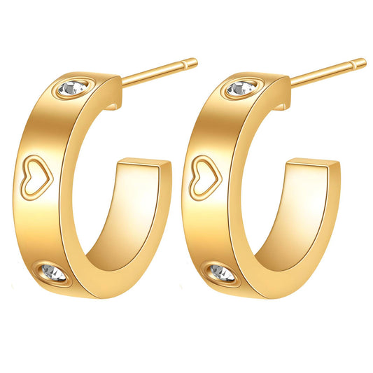 Harper 18k gold plated half hoop stud design with hearts and zirconia diamonds