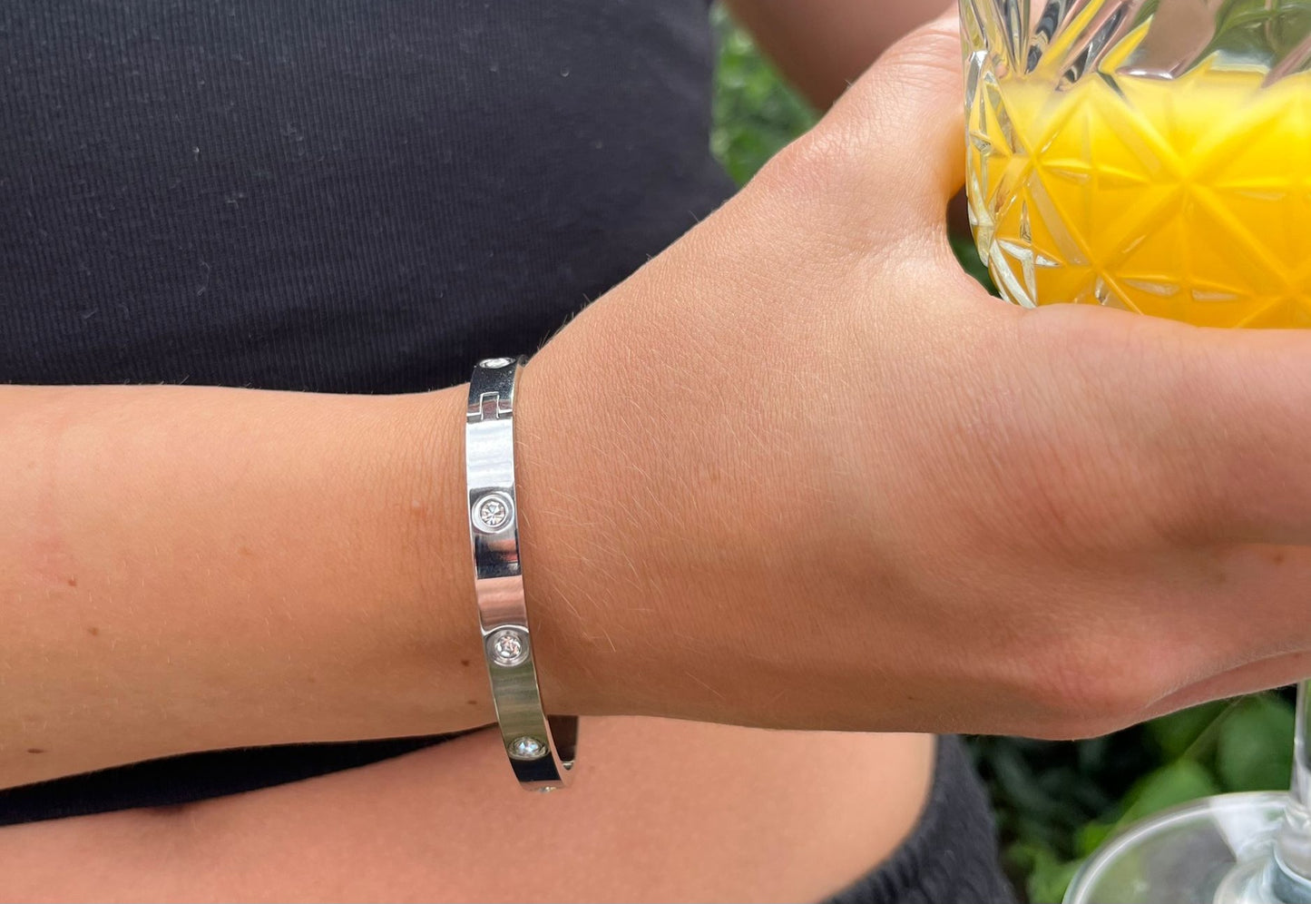 Bella is a stainless steel bangle with small circular zirconia diamonds