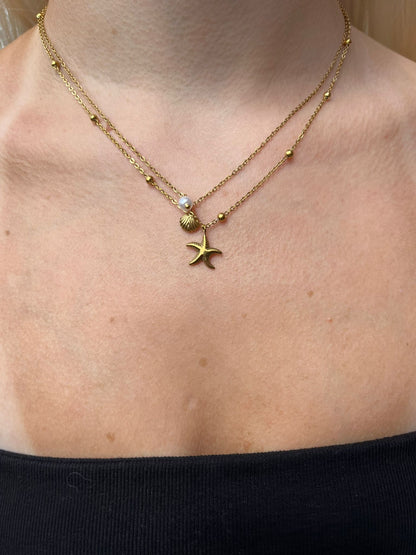 Jade is a seaside design 18k AAA gold plated necklace with Pearl, Shell and Starfish charms