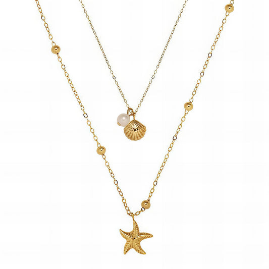 Jade is a seaside design 18k AAA gold plated necklace with Pearl, Shell and Starfish charms