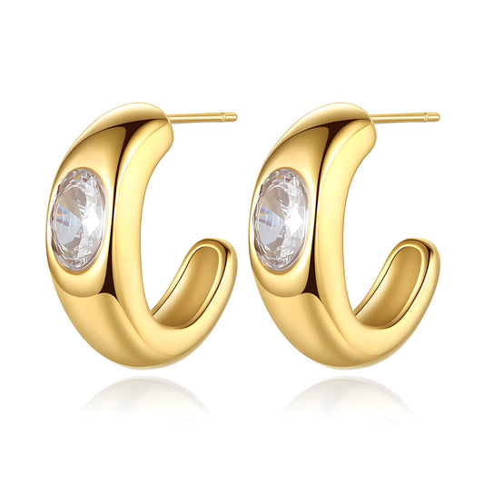 Oren is 18k AAA gold plated half hoop stud design earrings with a zirconia diamond
