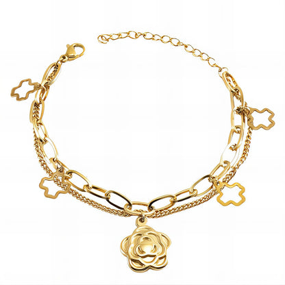 Rosie is a 18K AAA gold plated two chain bracelet with a rose and two crosses as charms