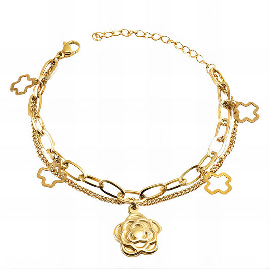 Rosie is a 18K AAA gold plated two chain bracelet with a rose and two crosses as charms