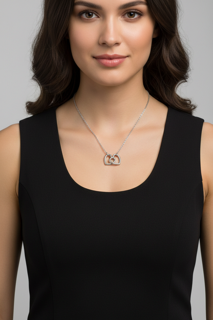 Anna Twin Heart Necklace on model in black vest top
