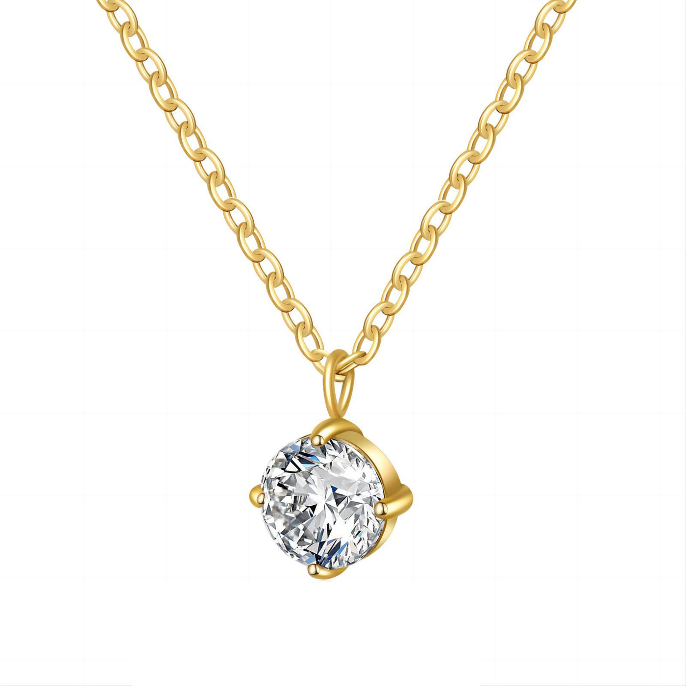 Close-up of Halo Solitaire zirconia pendant on 18k gold-plated chain