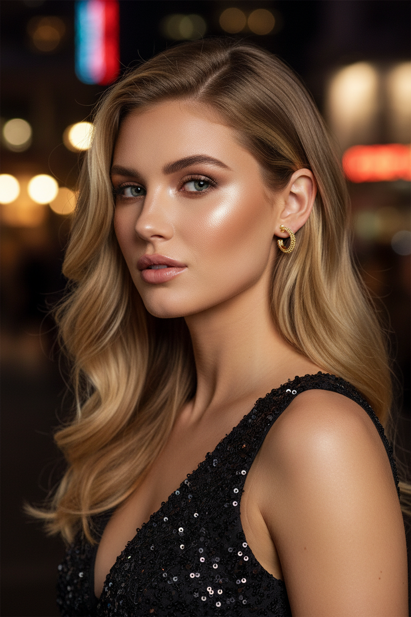 Blonde model on night out wearing Gianna Hoops