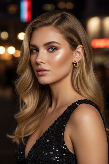 Blonde model on night out wearing Gianna Hoops