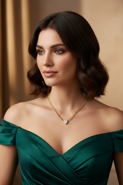 Brunette model wearing Bonnie necklace with evening gown