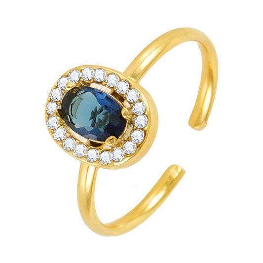 Diana is an adjust 18k AAA gold plated ring with a blue stone surrounded with zircon gems