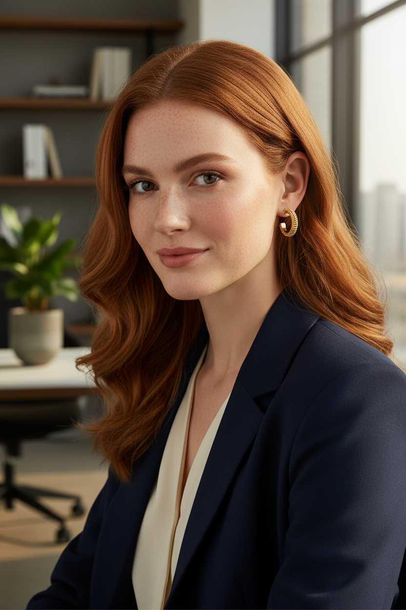 Ginger model in office wearing Gianna Hoops