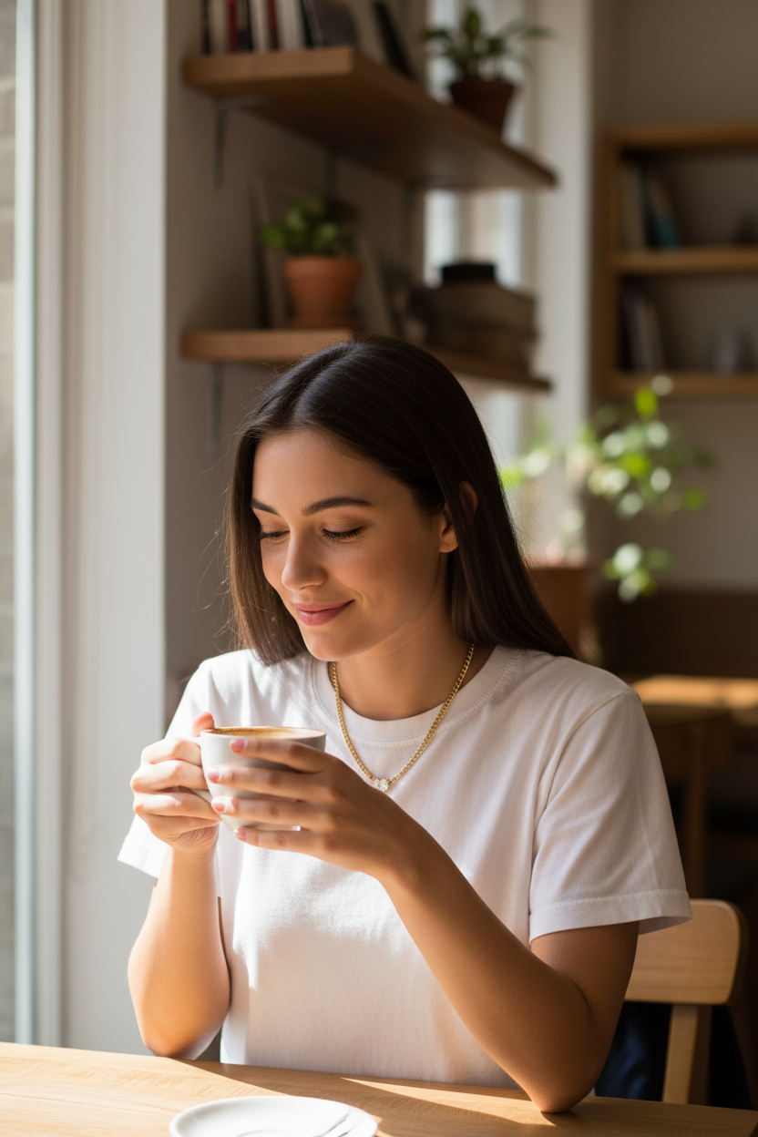 Girl in her 20s wearing Bonnie necklace at a cafe