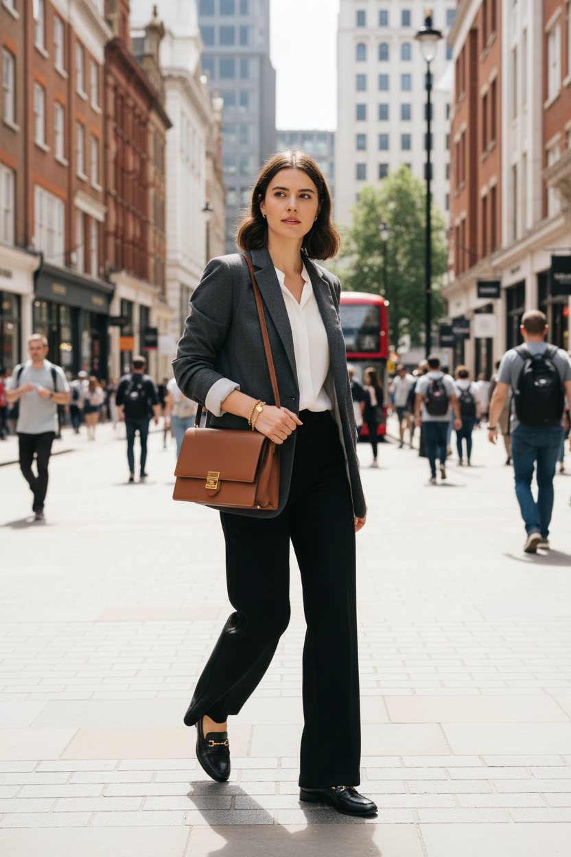 Model on busy high street in business attire