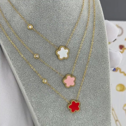Rose Red  flower necklace with an zircon on 18K gold plated chain
